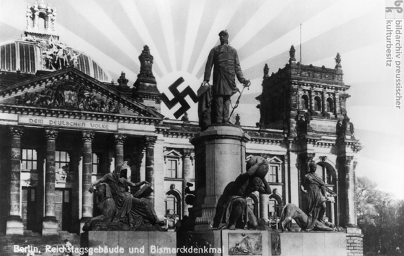 The Swastika Rises like the Sun over the Reichstag and the Bismarck Memorial, Postcard (undated)